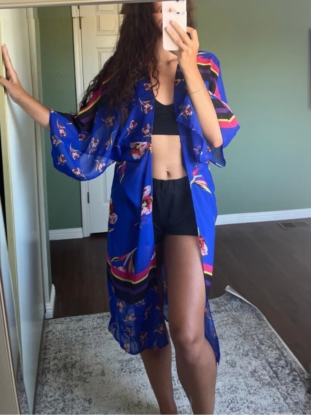 Express Kimono - blue w/floral and stripes sheer, duster length